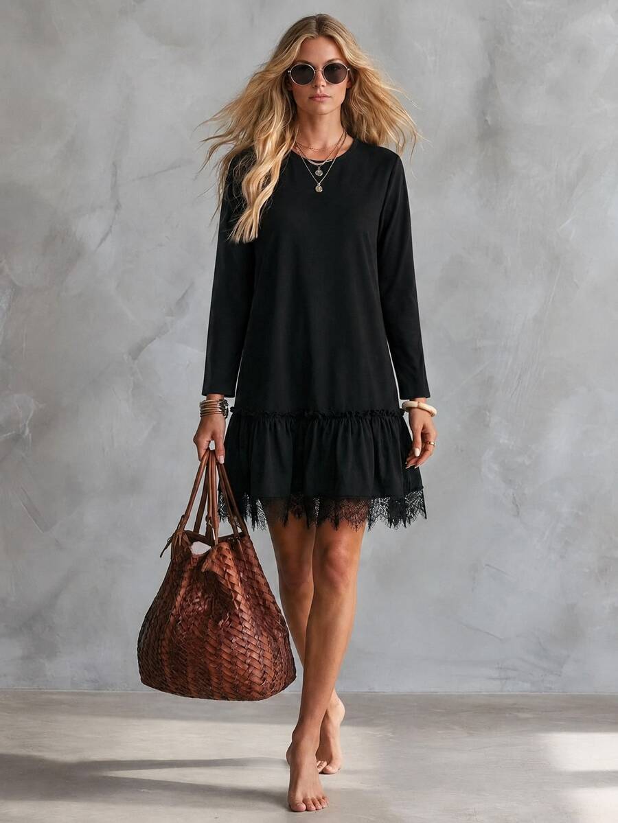 EMERY ROSE Women's Solid Color Round Neck Long Sleeve Contrast Lace Ruffle Hem Casual Short Dress - Black - View 1