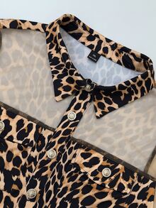 Velvienne Women's Fall Fashion Leopard Mesh Panel Lapel Long-Sleeve Shirt, Pocket Gold Button Sheer Blouse, Wild Occasion Wear For Daily Date Party - Multicolor - View 8