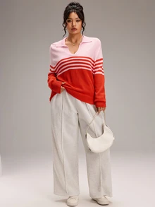 EMERY ROSE Plus Size Women's Pink And Red Polo Collar Striped Colorblock Ribbed Cuff Long Sleeve Knit Top Fall/Winter Warmth - Multicolor - View 5