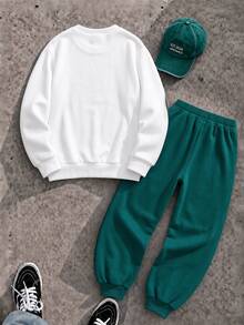 Boys' (Big) Sweatshirt Set, White Main Body With Green Flame Print On Left Side And Sleeves, Embellished With Rhinestones And Starburst Decor, English Print On Left Chest, Ribbed Collar, Cuffs And Hem, Matching Dark Green Sweatpants With Black And White Side Stripes, Same Flame Pattern On Pants, English Logo On Side, Ribbed Cuffed Hem - Multicolor - View 2