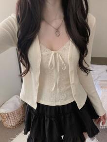 DAZY Contrast Lace Trim Tie-Front Cropped Camisole & Fitted Long Sleeve Cardigan Casual Vacation Korean Style Spring Autumn 2 Pieces Set For Women Y2k - Apricot - View 7