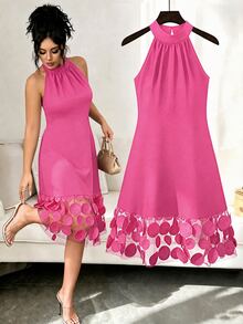GlowEve CURVE Plus Size Elegant Patchwork 3D Mesh Dress - Hot Pink - View 1