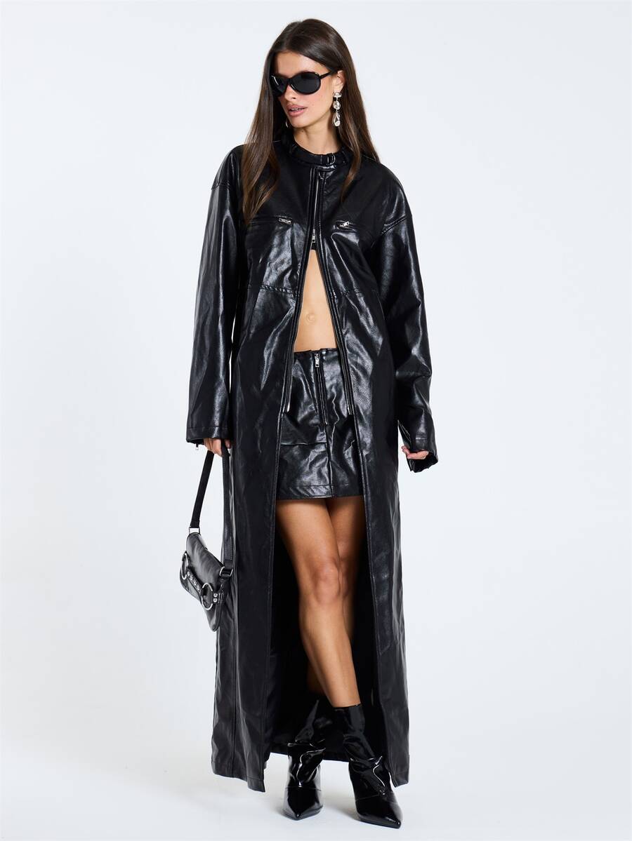 MUSERA Black PU Long Line Zip Detail Maxi Coat Jacket Fall Winter Women Outfit Casual - Black - View 1