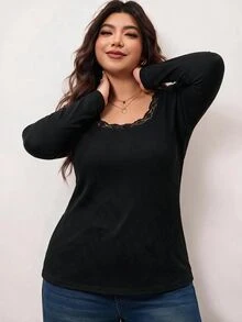 Enliva Plus Size Women's Cotton Blend Long Sleeve T Shirt Square Neck Casual Basic Top Flattering Compatible With Apple Shape - Black - View 4