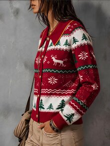 Louniche 秋冬新款優雅紅色三色提花聖誕造型假開襟長袖修身女款時尚針織套頭毛衣 - 紅色 - 查看 8