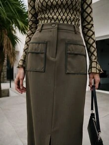 Nöista Misi Skirt Contrast Piping And Front Slit Opening - Khaki - View 7