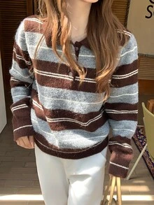 DAZY Women's Collared Striped Korean Style Long Sleeve Sweater - Multicolor - View 8