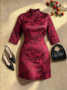 EastFlair Plus Size Elegant Solid Color Jacquard Button 3/4 Sleeve Dress - Burgundy - View 10