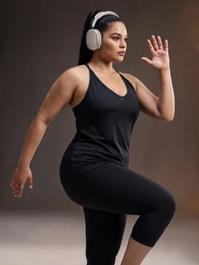 Powerista Women's Plus Size Backless Racerback Loose Black Jacquard Fabric Sports Tank Top - Black - View 5