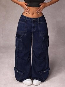 SHEIN Unity Plus Size Streetwear Button Pocket Cargo Denim Jeans - Dark Wash - View 5