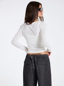 MUSERA White Overlayer Detail Long Sleeve Top Fall Winter Women Outfit Casual - White - View 3