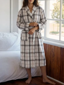 Livesso Women's Minimalist Plaid Pocket Long Sleeve Robe For Daily Home Wear - Khaki - View 5