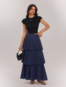 SHEIN Tall Navy Blue Polka-Dot Maxi Skirt With Exaggerated Tiered Ruffles For Tall Women - Navy Blue - View 4
