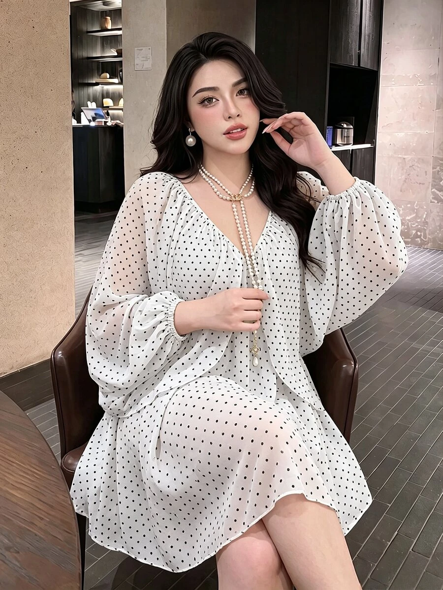 Vibekara Frühling, Sommer, neues süßes elegantes Urlaubskleid im Feenstil mit schwarz-weißen Polka-Dots aus strukturiertem Stoff für Damen, einzigartiges atemberaubendes Retro-Kurzkleid mit Fledermausärmeln aus Mesh in lockerer Passform - Verschiedenfarbig - Übersicht 1