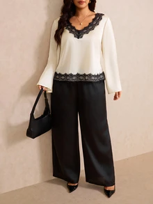 Elaquor Plus Size Women Lace Patchwork Long Sleeve Top And Pants Casual Daily 2 Pieces Set - Black and White - View 6