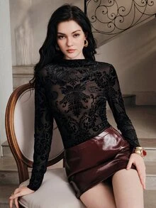 Anewsta Modern Retro Style Long Sleeve Slim Fit Neckline Commuter Outfit Women's Top - Black - View 2