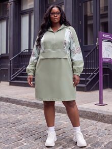 Slaydiva Plus Size Satin Floral Patchwork Hooded Anorak Jacket, Loose Plus Size Outer Coat Fall - Green - View 9