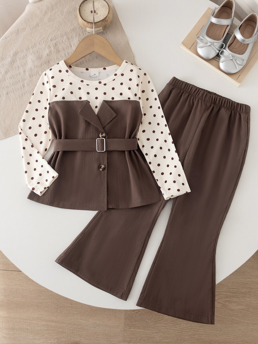 Young Girl) Top With Color-Block Polka Dot Print, Exquisite Lapel And Button-Down Design, Paired With Matching Fabric Belt And Flared Long Pants, Perfect For Spring And Autumn, Suitable For Early Autumn Chill And Spring Outings, Ideal For Daily School, Park Play, And Gatherings - Brown - View 1