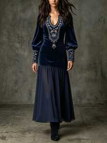 LUMIGAL Women's Elegant Velvet Printed Patchwork Dress - Navy Blue - View 4