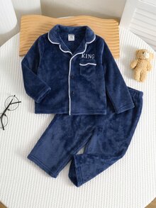 SHEIN 男嬰字母刺繡毛絨單排扣長袖上衣與長褲居家服 - 寶藍色 - 查看 1