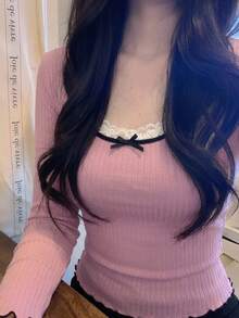 DAZY Contrast Color Lace Trim Fitted Long Sleeve Elegant Vacation Korean Style Casual Autumn/Winter Women's T-Shirt - Pink - View 4