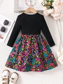 Young Girl Knitted Solid Color Round Neck Patchwork Floral Fitted Casual Autumn/Winter Dress - Black - View 2