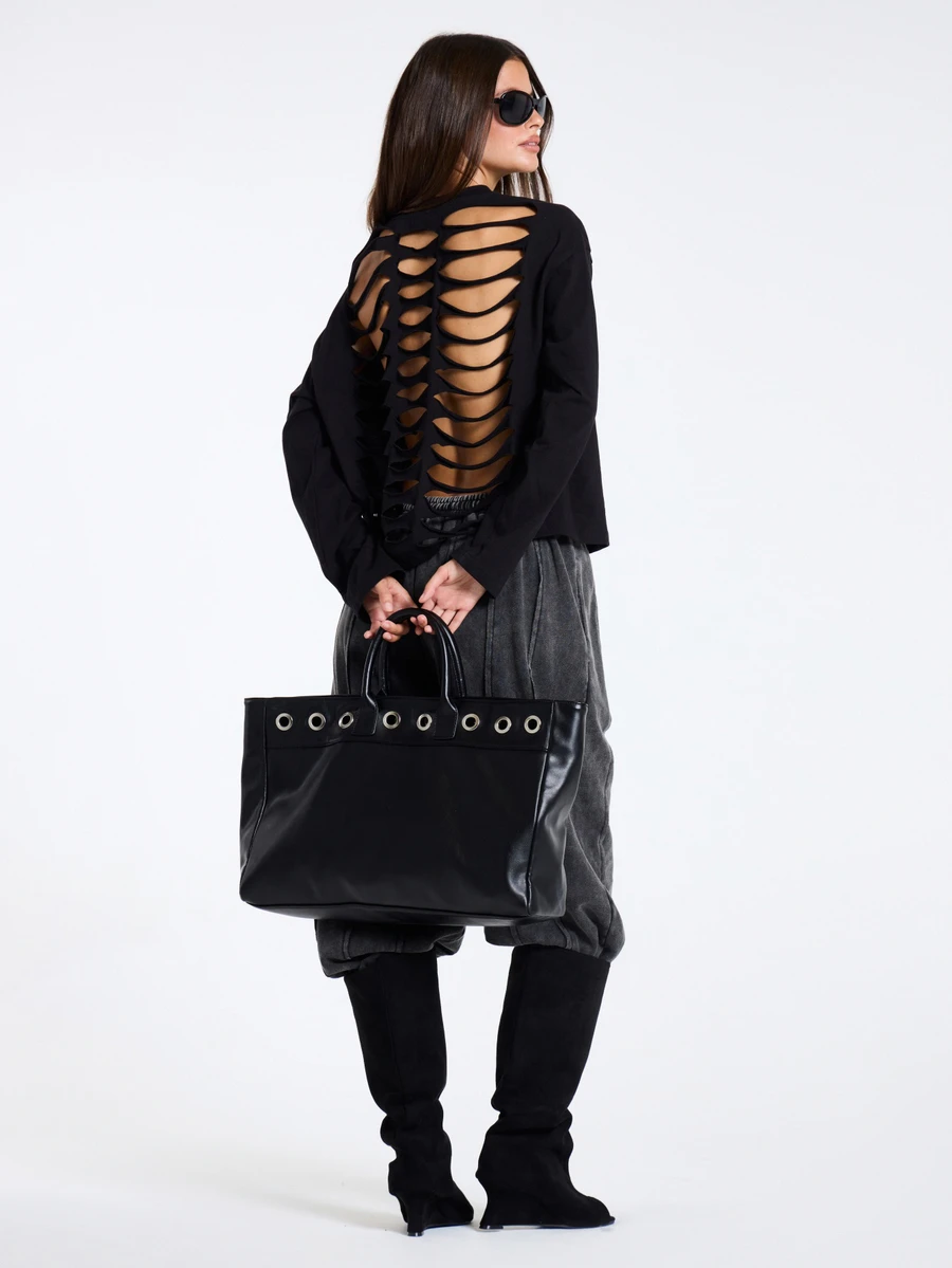 MUSERA Black Cut Out Shredded Back Detail Long Sleeve Top Fall Winter Women Outfit Casual - Black - View 1