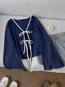 SHEIN LUNE Casual Women's Lace-Up Contrast Trim Knit Top - Navy Blue - View 1