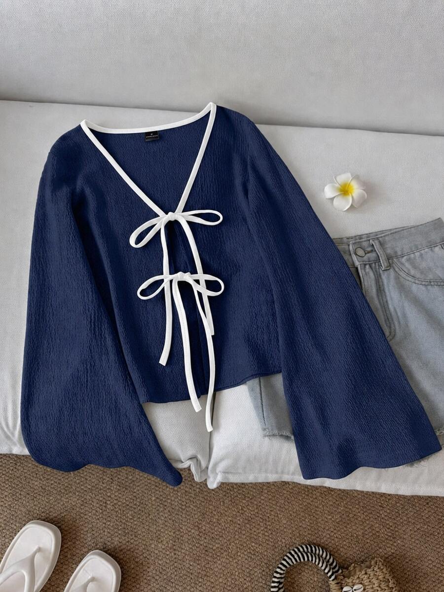 SHEIN LUNE Casual Women's Lace-Up Contrast Trim Knit Top - Navy Blue - View 1
