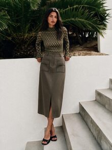 Nöista Misi Skirt Contrast Piping And Front Slit Opening - Khaki - View 6