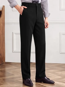 Manfinity Bizformal 黑色直筒修身無彈力男士西裝長褲，極簡靜奢風商務休閒長褲 - 黑色 - 查看 6
