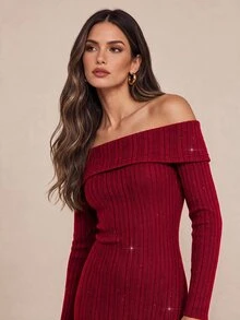 Amorya Women's Off-Shoulder Long Sleeve Sweater Dress - Red - View 3