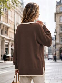 Balvessa Contrast Trim Round Neck Dropped Shoulder Lantern Sleeve Asymmetrical Hem Loose Slouchy Women's Knit Sweater - Multicolor - View 2
