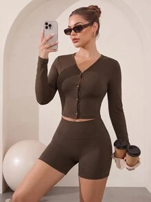 Easithlete جاكيت رياضي نسائي بلون موحد وأكمام طويلة وأزرار مفردة - بني - مشاهدة 2