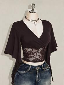 SHEIN ICON 女款蕾絲拼接V領修身百搭T恤 - 棕色 - 查看 3