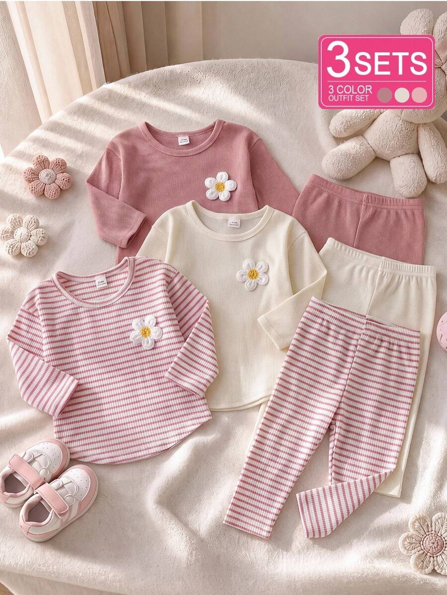 SHEIN 3件組幼女長袖上衣+長褲套裝,可愛甜美粉色奶油色羅紋花朵條紋圓領生日秋季假期毛衣套裝 - 彩色 - 查看 1
