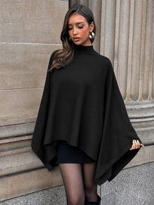 Aloruh Sweater Cape Kasual Longgar Wanita Warna Polos dengan Kerah Tegak dan Hem Asimetris - Hitam - View 4
