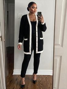 SHEIN Lady Plus Size Striped Colorblock Button Long Sleeve Knit Cardigan - Black - View 6
