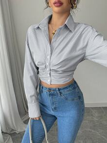 Elenzga 女款休閒條紋短版抓皺長袖襯衫，春夏秋冬女裝 - 淺灰色 - 查看 3
