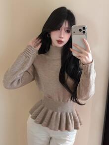 Joudiya Autumn/Winter High Neck Ruffle Hem Waist-Cinching Long Sleeve Knit Slim Fit Elegant Elegant Commute Date Women's Sweater - Camel - View 7