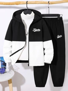 SHEIN 2件組青少年男孩休閒運動字母印花拼接配色連帽外套與長褲套裝，適合通勤、上學、日常休閒、度假、旅行、運動，秋冬季節穿搭，秋季服飾 - 黑與白 - 查看 2