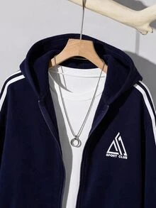 SHEIN 青少年男孩字母印花側條紋拉鍊連帽衛衣 - 彩色 - 查看 3
