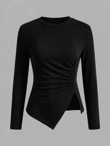 SHEIN BASICS 3-Pack Women's Solid Crew-Neck Long-Sleeve Ruched Side-Slit Casual T-Shirt - Multicolor - View 4