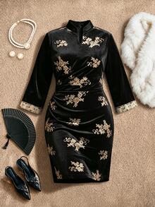 EastFlair Plus Size Women's Floral Print Pleated Casual Party Dress - Black - View 5