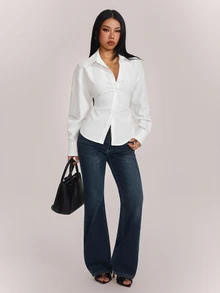 SHEIN PETITE 女款法庭風燈籠袖後綁帶收腰長袖襯衫 - 白色 - 查看 5