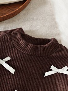 SHEIN Playful Pals Baby Girls Infant (Girl) Fall Winter Casual T-Shirt 2pcs Set Front Black Ribbon Bow Design Asymmetrical Pullover High Neck Knitted Ribbed Brushed - Brown - View 4