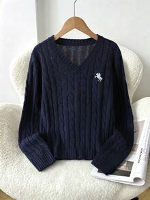 SHEIN 青少年女孩海軍藍騎士刺繡麻花編織V領毛衣，學院風，適合秋冬穿著 - 藏蓝色 - 查看 7