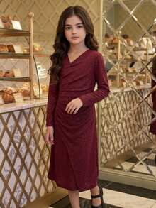 DAZY Tween Girl) V-Neck Pleated Asymmetric Long Dress, Autumn Dress - Burgundy - View 3