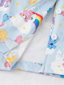 SHEIN X Care Bears GraphicGems 秋冬女童幼兒聯名印花可愛卡通彩虹愛心熊圖案藍色柔軟舒適翻領長袖褲子2件套居家服 - 藍色 - 查看 6