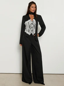 Aloruh Women's Lace Patchwork Long Sleeve Jacket And Pants Suit Set,Autumn,Winter - Black - View 1